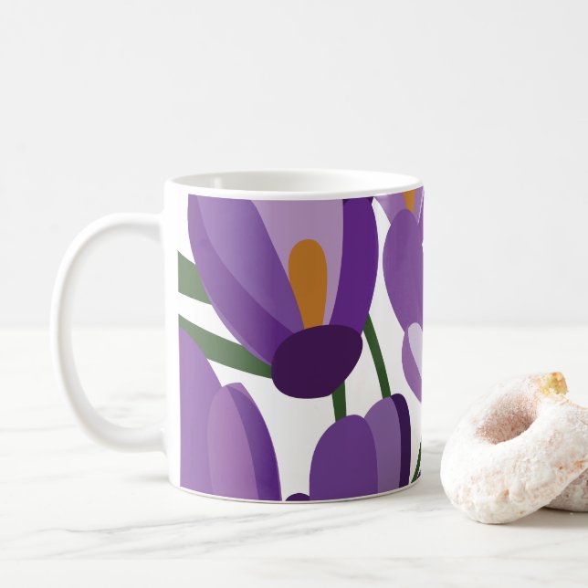 Lila Krokus-Blüten Kaffeetasse (Mit Donut)