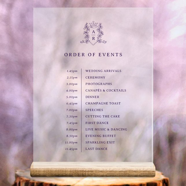 Lila Kronen-Monogramm-Orderveranstaltungen Hochzei Acrylschild (Von Creator hochgeladen)