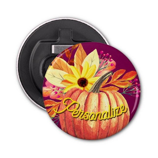 Lila Kürbiswein mit Blumenorange Flaschenöffner (Vorderseite)