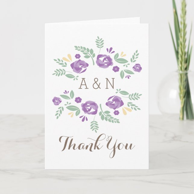 Lila Land Floral Monogram Dankeschön Karte (Vorderseite)