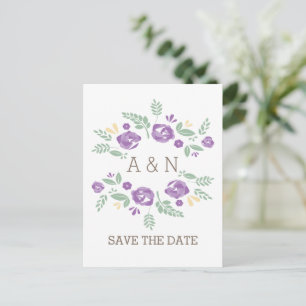 Lila-Land-Floral-Monogramm Save the Date Ankündigungspostkarte