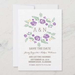 Lila Landhaus-Blumen-Monogramm Save-the-Date-Karte Einladung