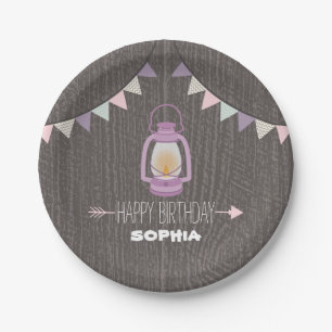 Lila Laternen-Campings-Geburtstag Pappteller