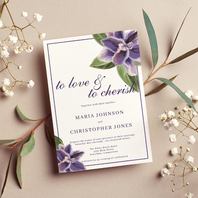 Lila Lavateier Einladung (White purple lavender mint orchid floral wedding)