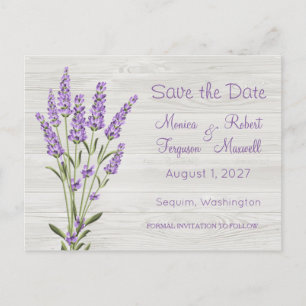 Lila Lavendel-Blume Save the Date auf Holz Postkarte