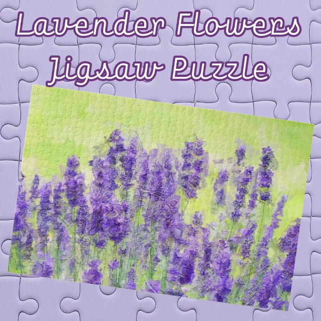 Lila Lavendel-Blume Wasserfarben Puzzle (Lavender Flowers in a field Impressionist art Jigsaw Puzzle. Fun for family game night.)