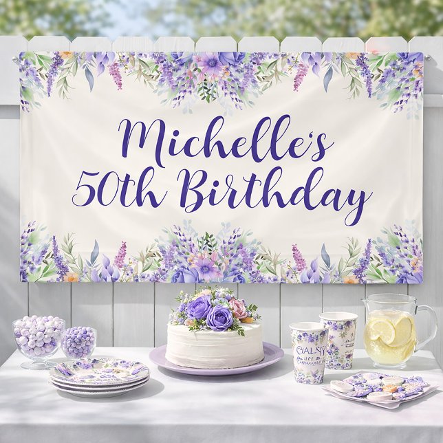 Lila Lavendel Blumen 50. Geburtstag Banner (She will love this Garden Party Birthday banner)