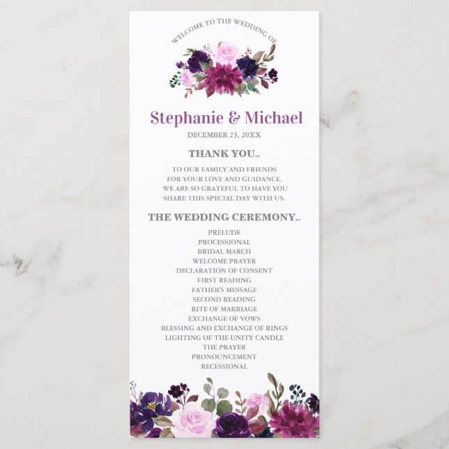 Lila Lavendel Blumen Boho Hochzeitsprogrammkarte Programm (Vorderseite)