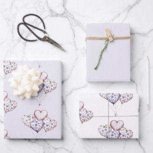 Lila-lavendel Blumen Herz Ballons Valentinstag Geschenkpapier Set