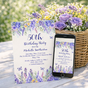 Lila-Lavendel-Blumengarten-Party 50. Geburtstag Einladung