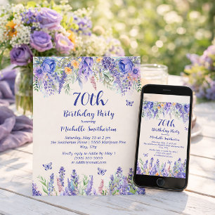 Lila-Lavendel-Blumengarten-Party 70. Geburtstag Einladung