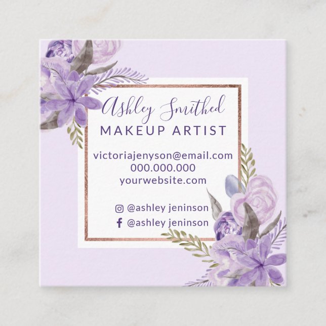 Lila Lavendel Blumenwatercolor-Rosen-Goldmake-up Quadratische Visitenkarte (Vorderseite)