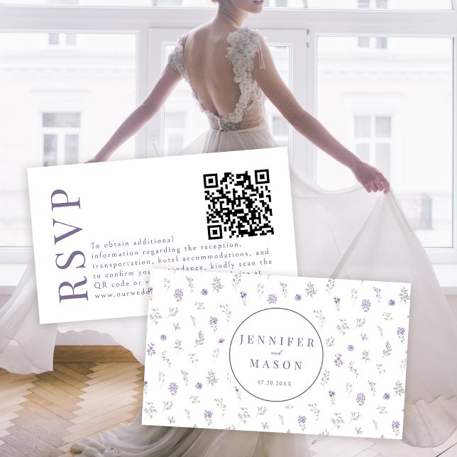 Lila Lavendel-Blütenhochzeit RSVP QR-Codelkarten Begleitkarte (Von Creator hochgeladen)