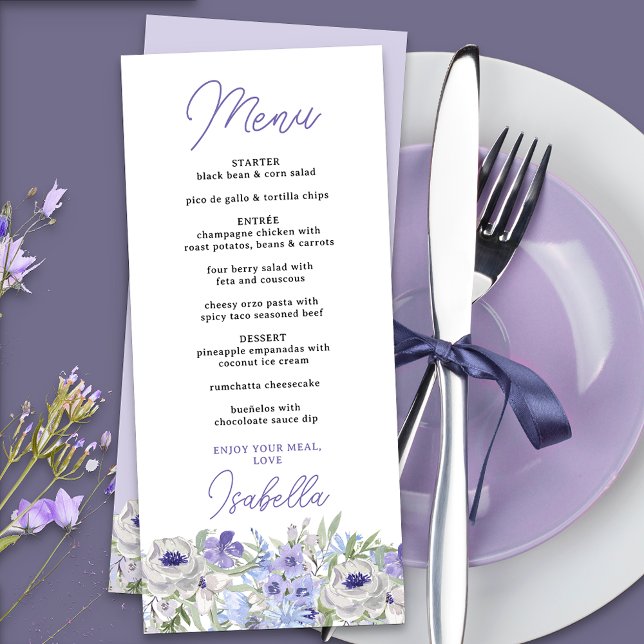 Lila Lavendel-Border Menükarte (Menu with editable courses and food items, from the purple peri floral collection)