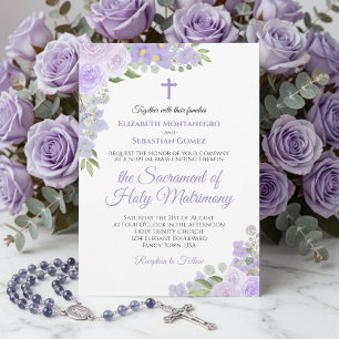 Lila-lavendel-farbene moderne katholische Hochzeit Einladung