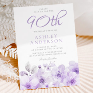 Lila Lavendel Floral Aquarell 90. Geburtstag Einladung
