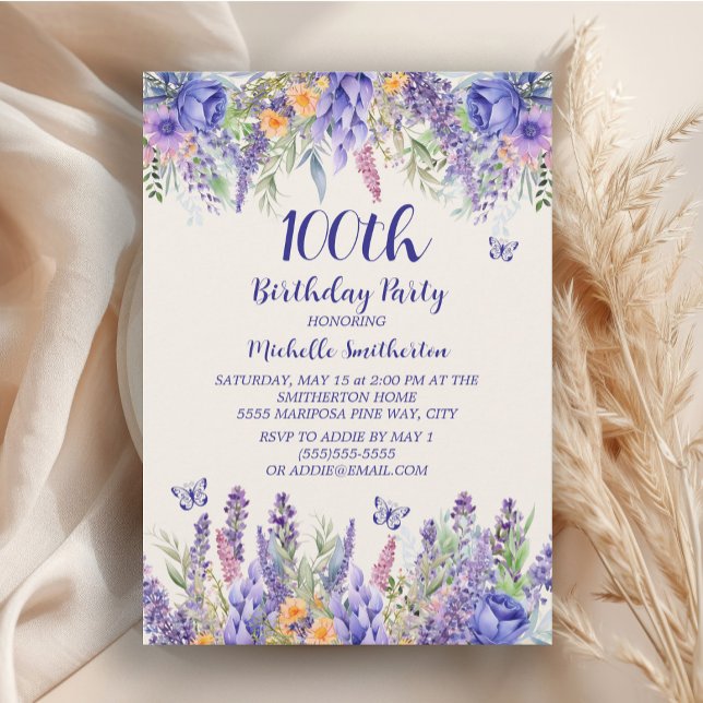 Lila Lavendel-Floral-Schmetterlinge 100. Geburtsta Einladung (Lavender watercolor floral women's 100th birthday party invitation)