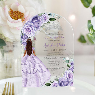 Lila Lavendel Floral Silber Quinceañera Sweet 16 Acryleinladungen