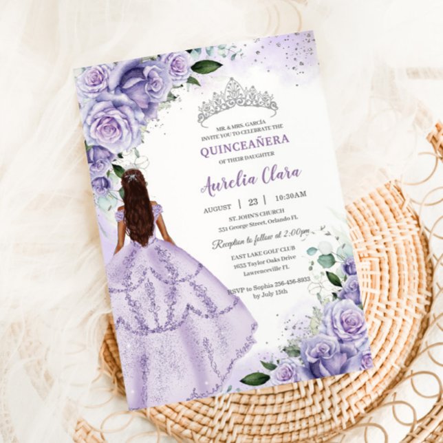 Lila Lavendel Floral Silber Quinceañera Sweet 16 Einladung (lavender-lilac-purple-floral-quinceanera-princess-dress-silver-15-sweet-16-birthday-invitation-card)