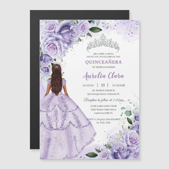Lila Lavendel Floral Silber Quinceañera Sweet 16 Magneteinladung (Vorne/Hinten)