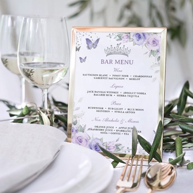 Lila Lavendel Floral Silver Quinceañera Bar Menu Poster (Von Creator hochgeladen)