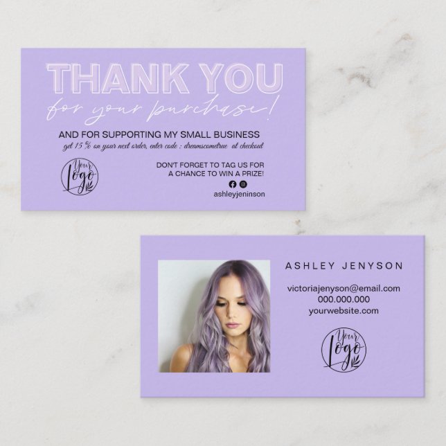 Lila Lavendel-Foto Logo Bestellung Vielen Dank Visitenkarte (Vorne/Hinten)