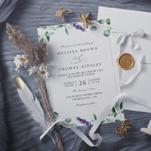 Lila Lavendel Grün Rustikale QR-Code-Hochzeit Einladung