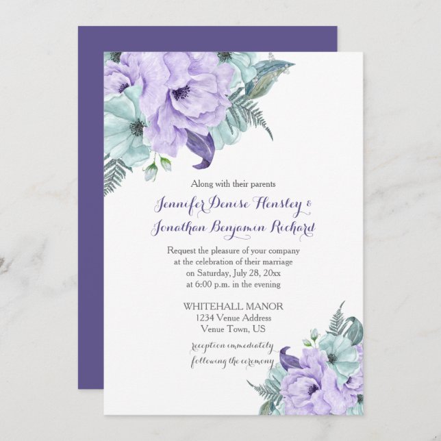Lila Lavendel-Minze-Wasserpechies Hochzeit Einladung (Vorne/Hinten)