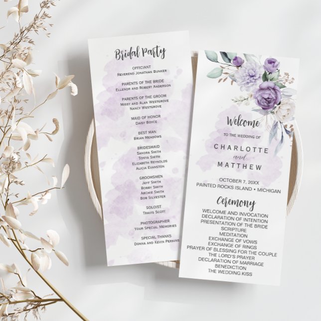 Lila Lavendel-Pfingstrosen-Floral-Hochzeitsprogram Einladung (Von Creator hochgeladen)