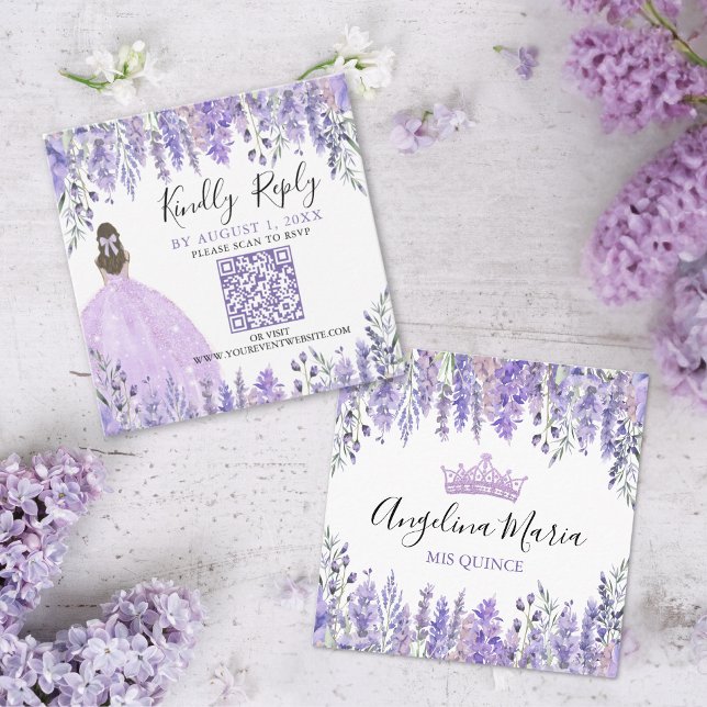 Lila Lavendel Quinceanera QR-Code UAWG Begleitkarte (Purple Lavender Floral Quinceanera QR Code RSVP Enclosure Card)