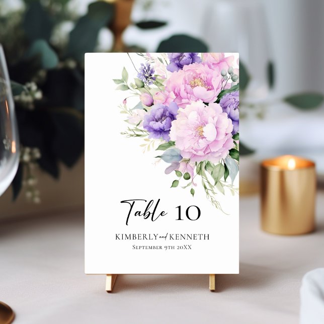 Lila Lavendel Rosa Blumenzettel Tischnummer (Purple Lavender Pink Floral Table Wedding Sign Table Number)
