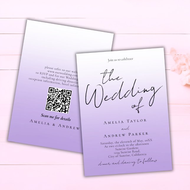 Lila Lavendel-Script-Elegant QR-Code Hochzeit Einladung (Von Creator hochgeladen)