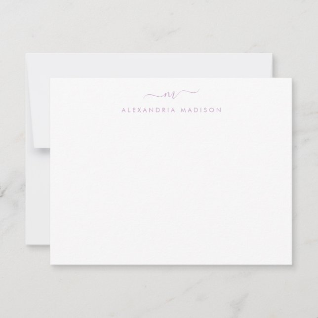 Lila Lavendel-Script-Monogram-Swash-Stationierung Mitteilungskarte (Vorderseite)