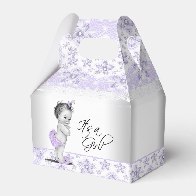 Lila Lavendel und graue Babydusche Geschenkschachtel (Rückseite)