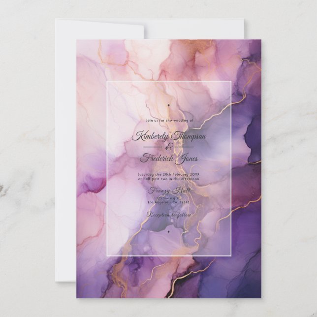 Lila, Lavendel und Rose Gold Ink Hochzeit Einladung (Vorderseite)