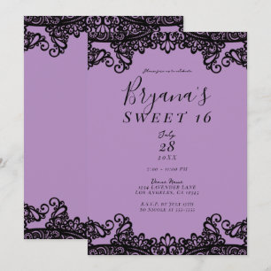 Lila Lavendel und schwarze Spitze Sweet 16 Party Einladung