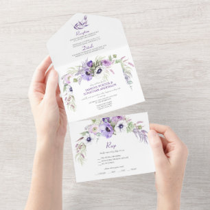 Lila Lavendel und weiße Anemonen Blumen All In One Einladung