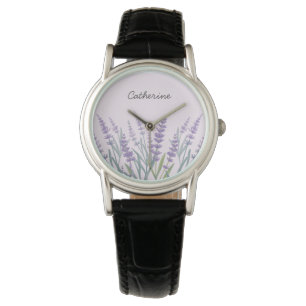 Lila Lavendel-Wasserfarben-Blumen Armbanduhr