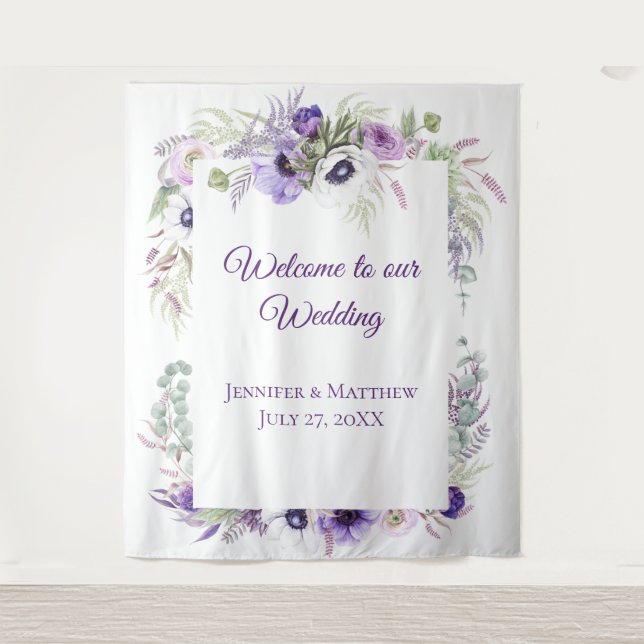 Lila Lavendel & Weiße Anemone | Tapestr Wandteppich (Vorderseite)