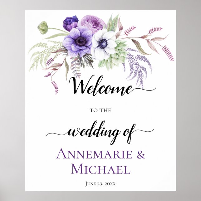 Lila Lavendel White Floral Wedding Sign Poster (Vorne)