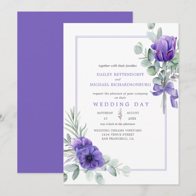 Lila Lavendelanemonen und Grünrahmen Einladung (Vorne/Hinten)