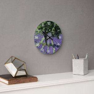 Lila Lavendelblüten Olivenbäume Kunstmalerei Runde Wanduhr