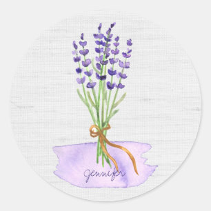 Lila Lavender Bouquet über Rustikale Linen Burlap Runder Aufkleber