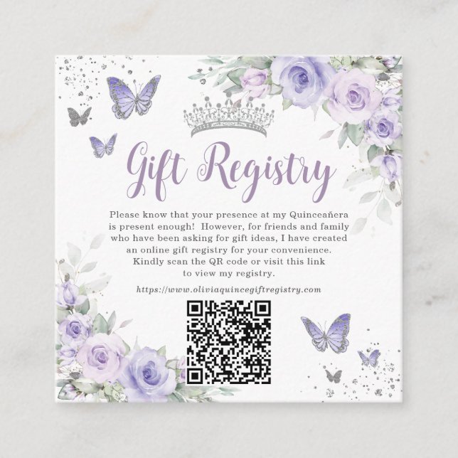 Lila Lavender Butterflies Quinceanera QR Geschenk Begleitkarte (Vorderseite)