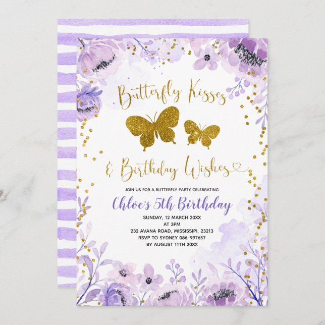 Lila Lavender Butterfly Kisses und Geburtstag Einladung (Vorne/Hinten)