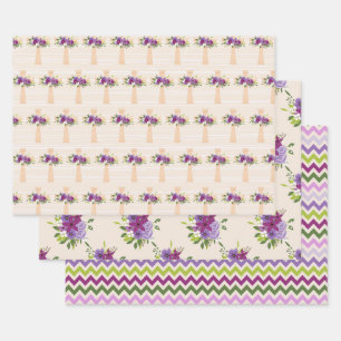 LILA & LAVENDER EASTER CROSSES WASSERFARBE BLUME GESCHENKPAPIER SET