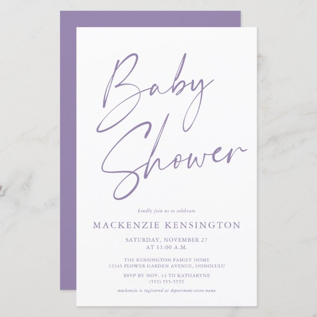 Lila Lavender Einfache Script Baby Dusche (Vorne/Hinten)