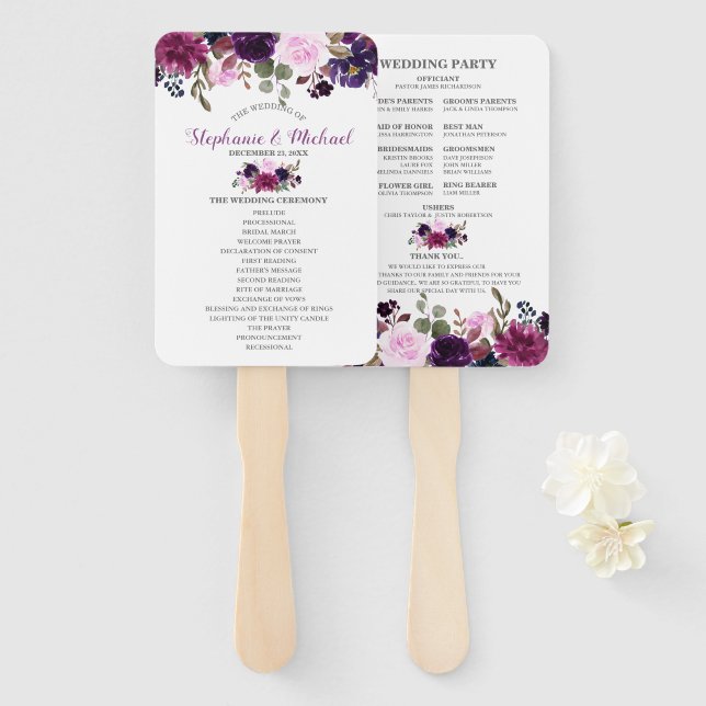 Lila Lavender Floral Boho Hochzeitsprogramm Fächer (Vorne und Hinten)
