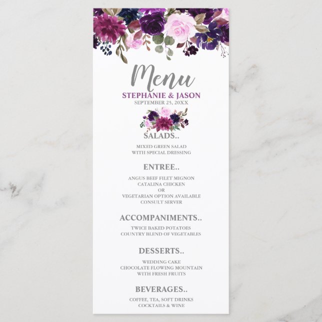 Lila Lavender Floral Boho Wedding Menu Menükarte (Vorderseite)