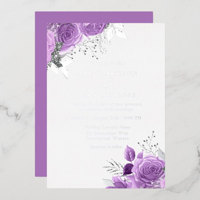 Lila Lavender Floral Wedding Real Silver Folieneinladung (Vorderseite/Rückseite)